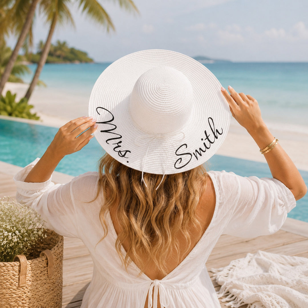 Trendy Personalized Bridesmaid Sun Hats with Shells