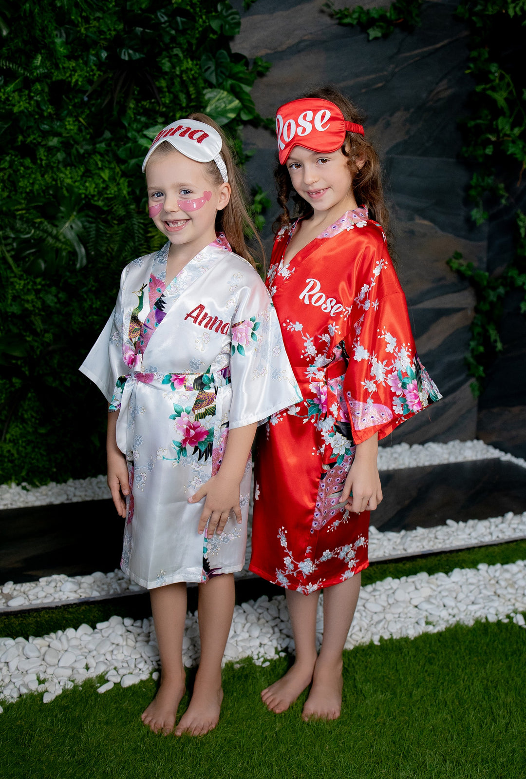 Set of 5 Kids Floral Peacock Satin Robes