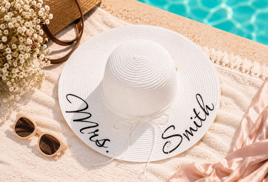 Trendy Personalized Bridesmaid Sun Hats with Shells