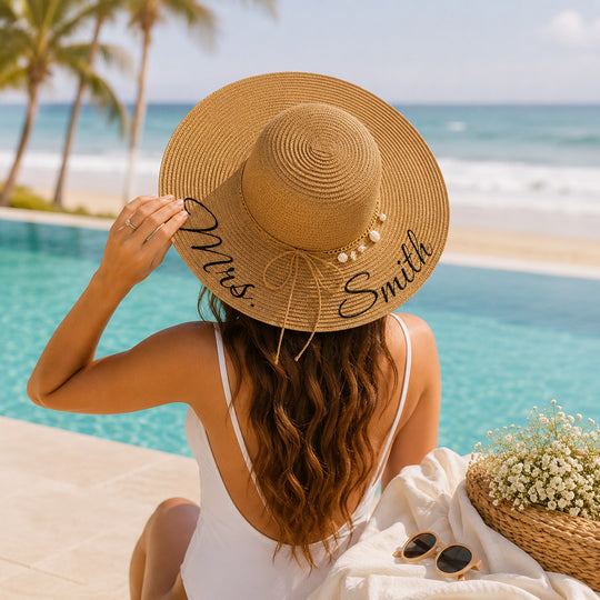 Trendy Personalized Bridesmaid Sun Hats with Shells