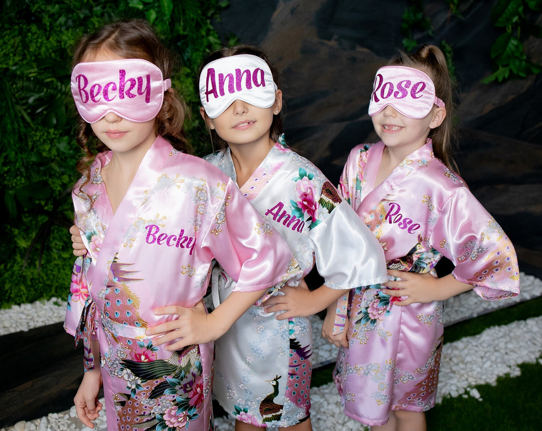 Set of 5 Kids Floral Peacock Satin Robes