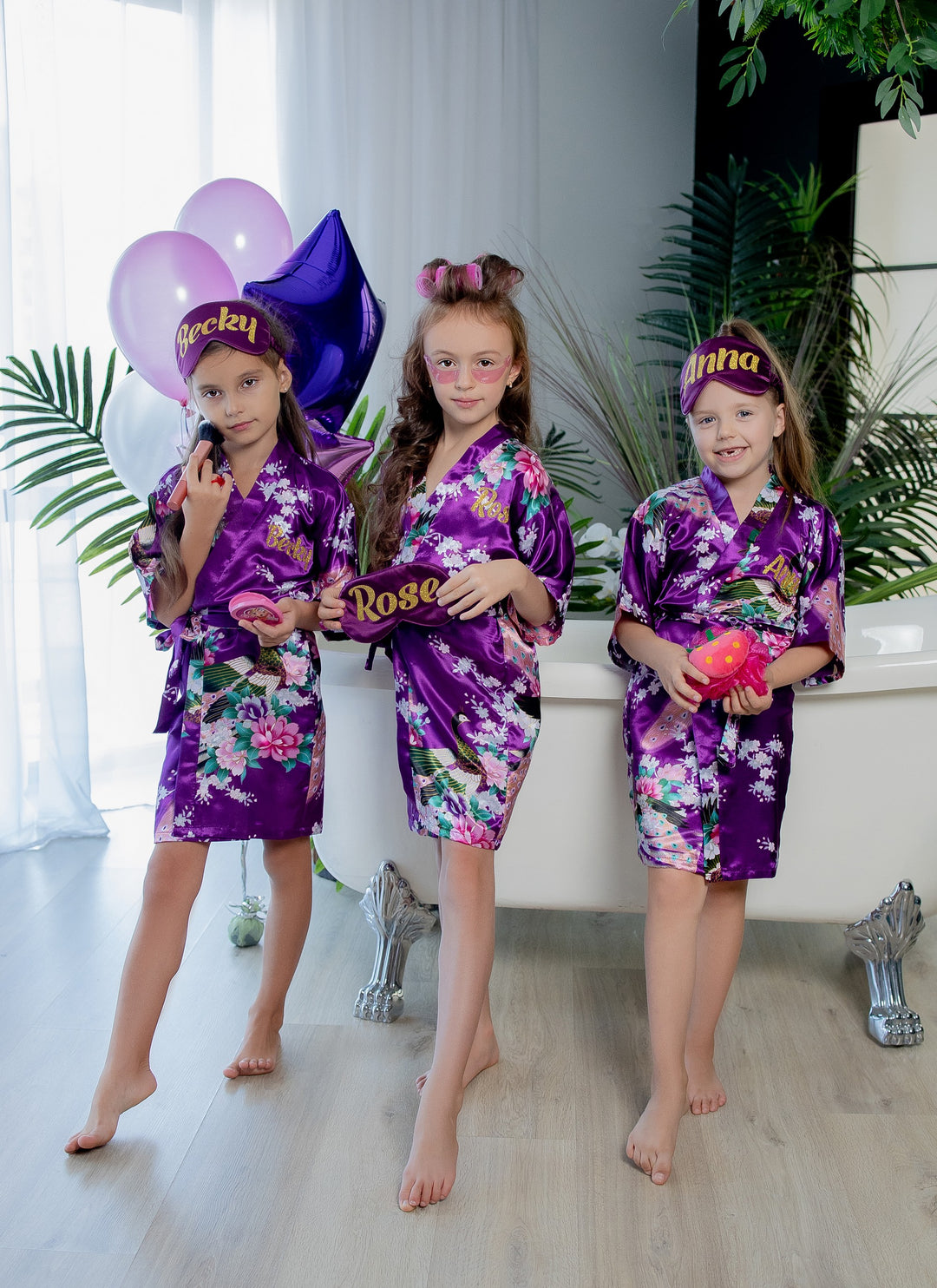 Set of 5 Kids Floral Peacock Satin Robes