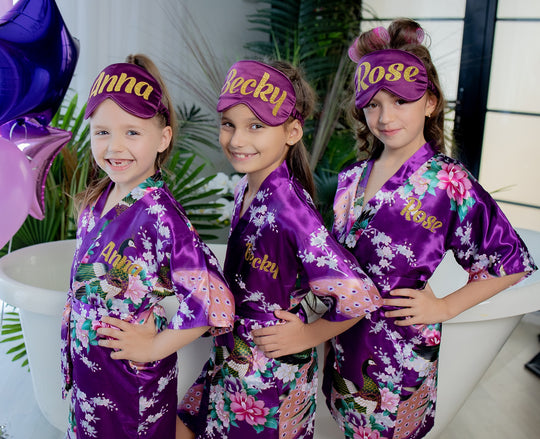 Set of 11 Kids Floral Peacock Satin Robes