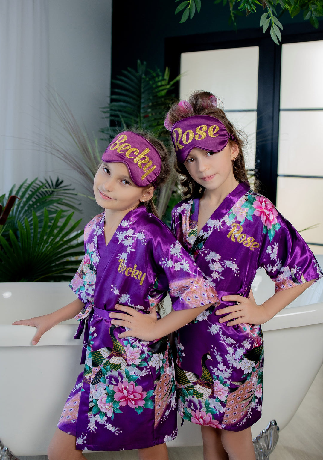 Set of 5 Kids Floral Peacock Satin Robes