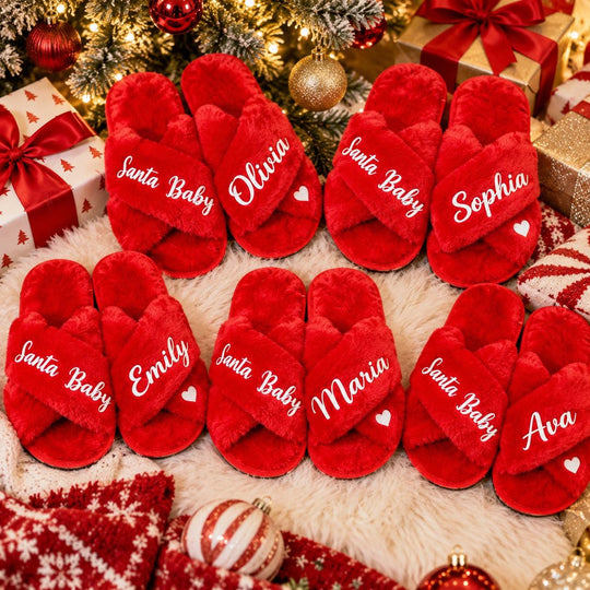 Christmas Party Slippers, Personalized Santa Baby Slippers, Matching Holiday Party Favors, Girls Christmas Gifts, Custom Name Fluffy Slippers