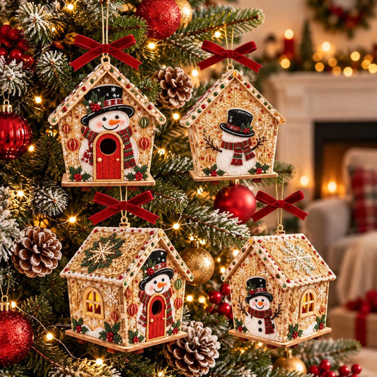 a Christmas tree decorated with ornaments, including a snowman, a birdhouse, and a gingerbread house. The tree is adorned with red and gold ornaments, and the background is decorated with lights and other holiday decorations.