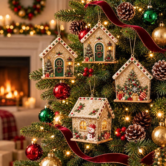 a beautifully decorated Christmas tree adorned with ornaments, lights, and a wreath. The tree is surrounded by pine cones, pine branches, and other festive decorations, creating a warm and cozy holiday atmosphere.