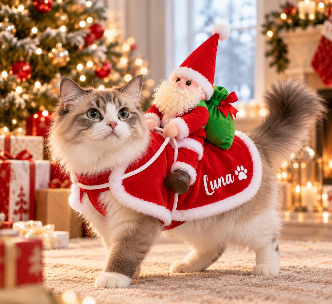 Personalized Cat Christmas Costume, Santa Riding Pet Costume, Custom Pet Name Holiday Outfit, Christmas Cat Outfit, Funny Santa Pet Costume
