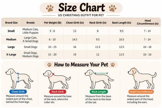 The image is a size chart for US Christmas outfits for pets, providing measurements for different dog breeds and sizes. It includes illustrations of dogs wearing various outfits, such as a collar, a harness, and a sweater, along with the corresponding measurements. The chart provides guidelines on how to measure a dog's neck, chest, back, and head circumference to ensure a proper fit for the outfit.