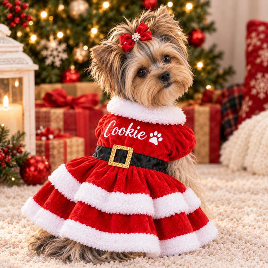 A small dog wearing a red and white Christmas-themed outfit with the name "Cookie" on it, sitting on a carpet in front of a Christmas tree.