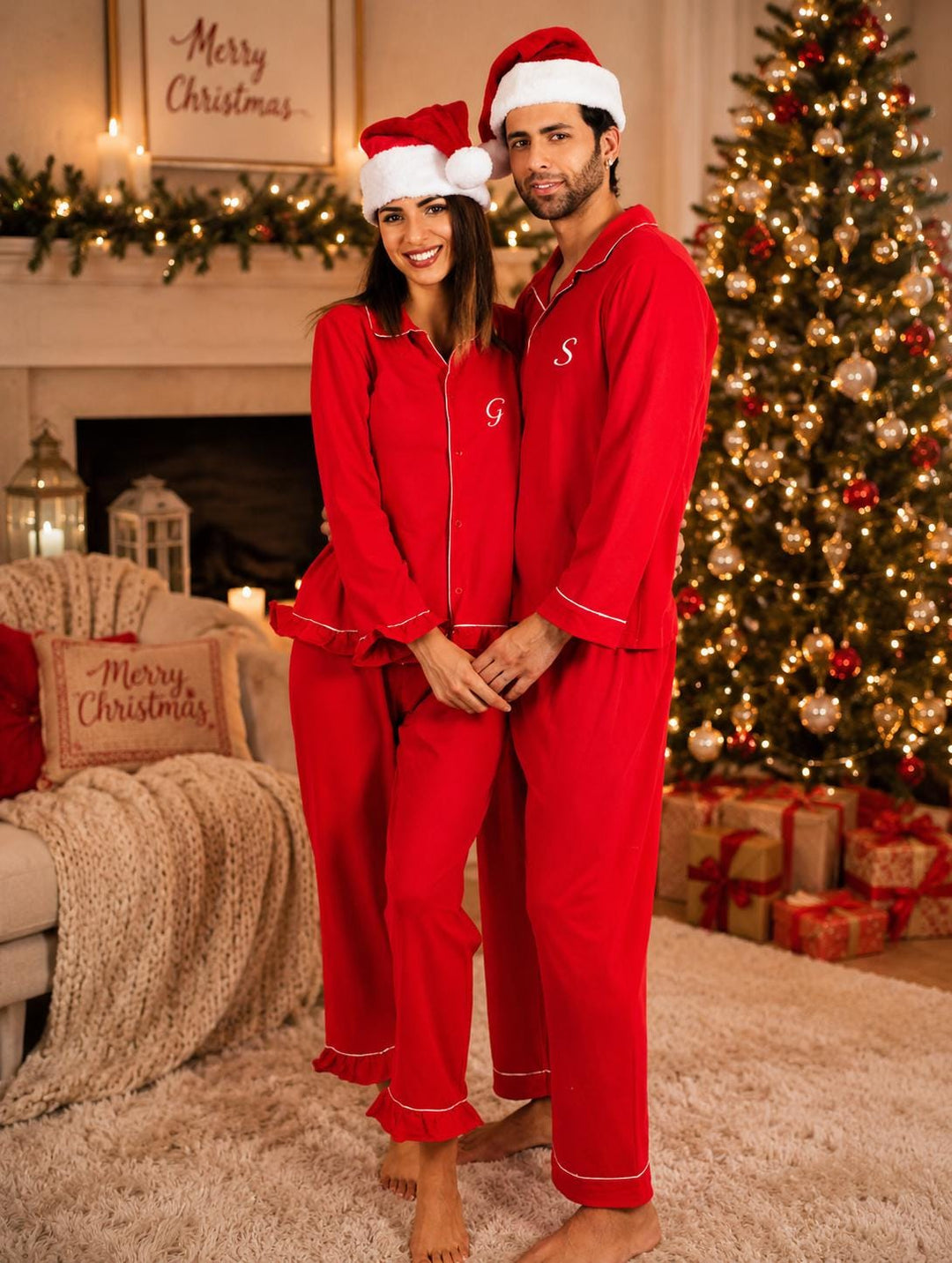 Matching Family Christmas Pajamas: Red Cotton Xmas Pyjamas - Ruffled