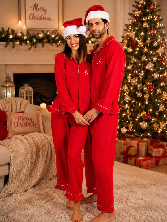 Matching Family Christmas Pajamas: Red Cotton Xmas Pyjamas - Ruffled
