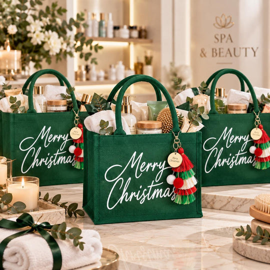 a set of green gift bags with the text "Merry Christmas" written on them, placed on a table with various holiday-themed items such as candles, greenery, and other decorative objects.