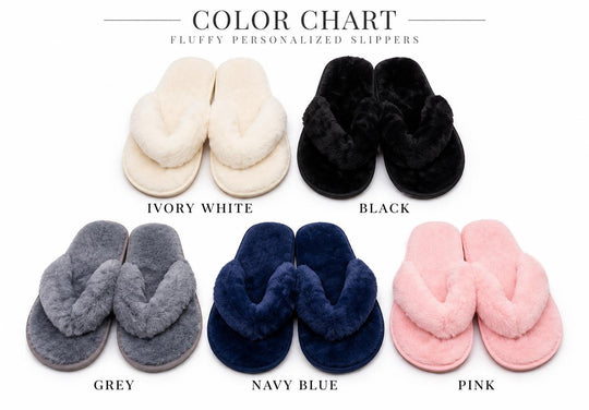 Color chart for fluffy personalized slippers, featuring five pairs of slippers in different colors: ivory white, black, grey, navy blue, and pink.