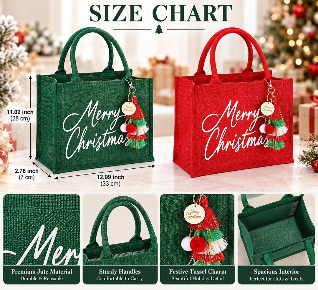 The image is a size chart for two Christmas-themed tote bags, one green and one red. The chart provides measurements and details about the bags, such as their size, material, handles, and tassel charm.