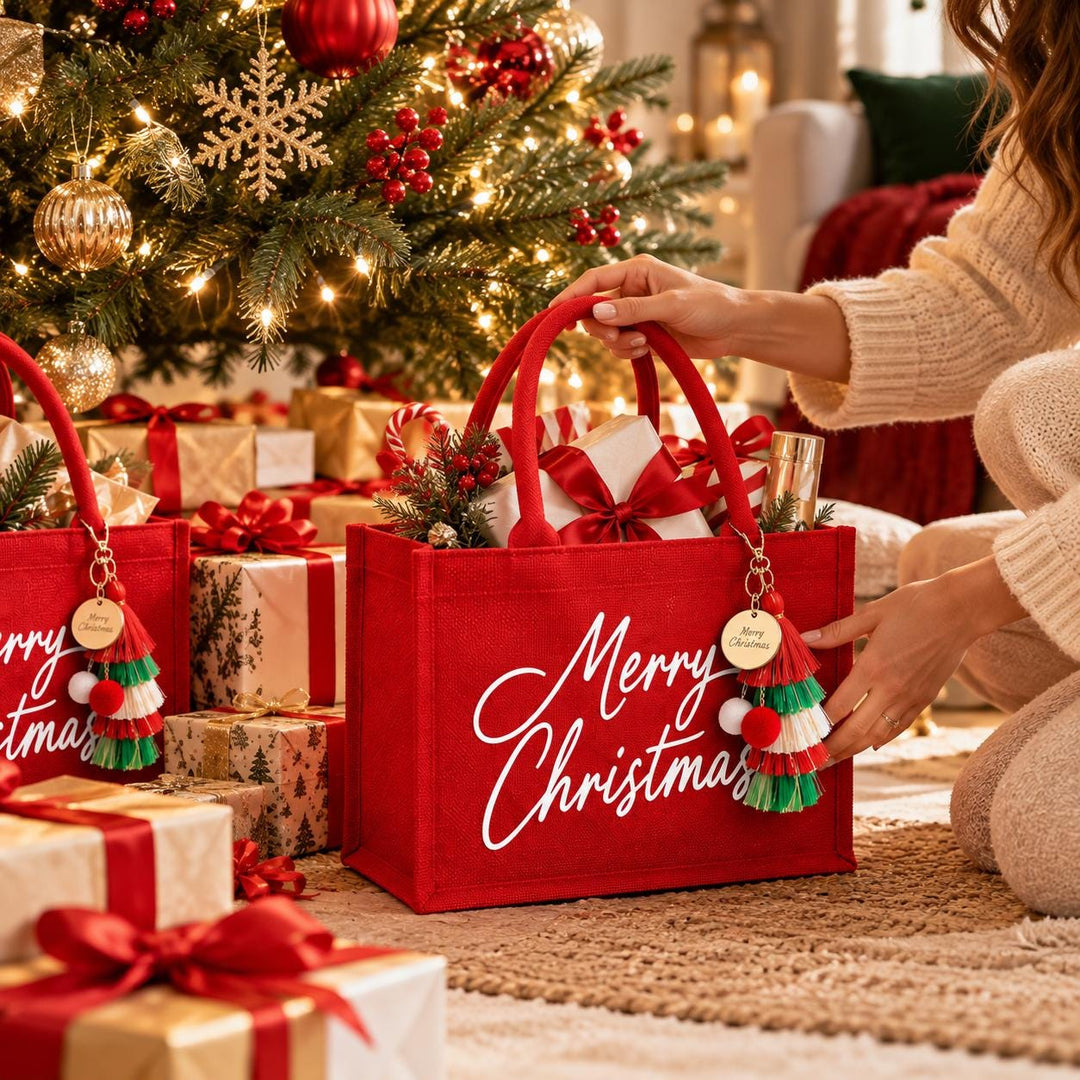 A person is holding a red Christmas bag with the text "Merry Christmas" written on it, surrounded by wrapped gifts and a decorated Christmas tree.