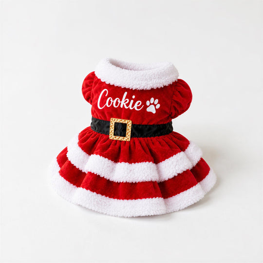 A red and white striped dress with the word "Cookie" printed on it, along with a small Santa Claus-shaped bell.