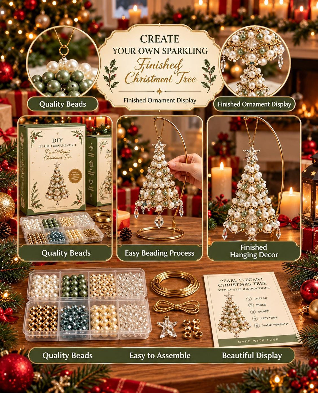 The image is a collage of three photos showcasing a finished sparkling Christmas tree ornament. The photos feature the completed ornament, a hand holding the ornament, and the finished ornament display. The collage also includes images of the materials used to create the ornament, such as quality beads and easy beads.