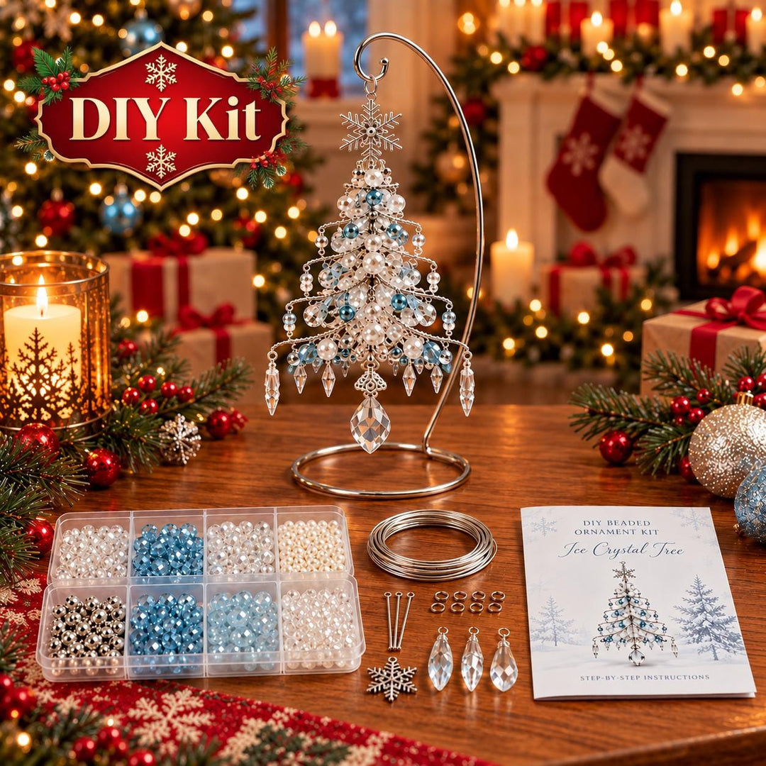 a DIY kit for creating a crystal tree, surrounded by holiday decorations such as a Christmas tree, stockings, and ornaments. The kit includes various materials like beads, chains, and crystals, as well as instructions for assembling the crystal tree.