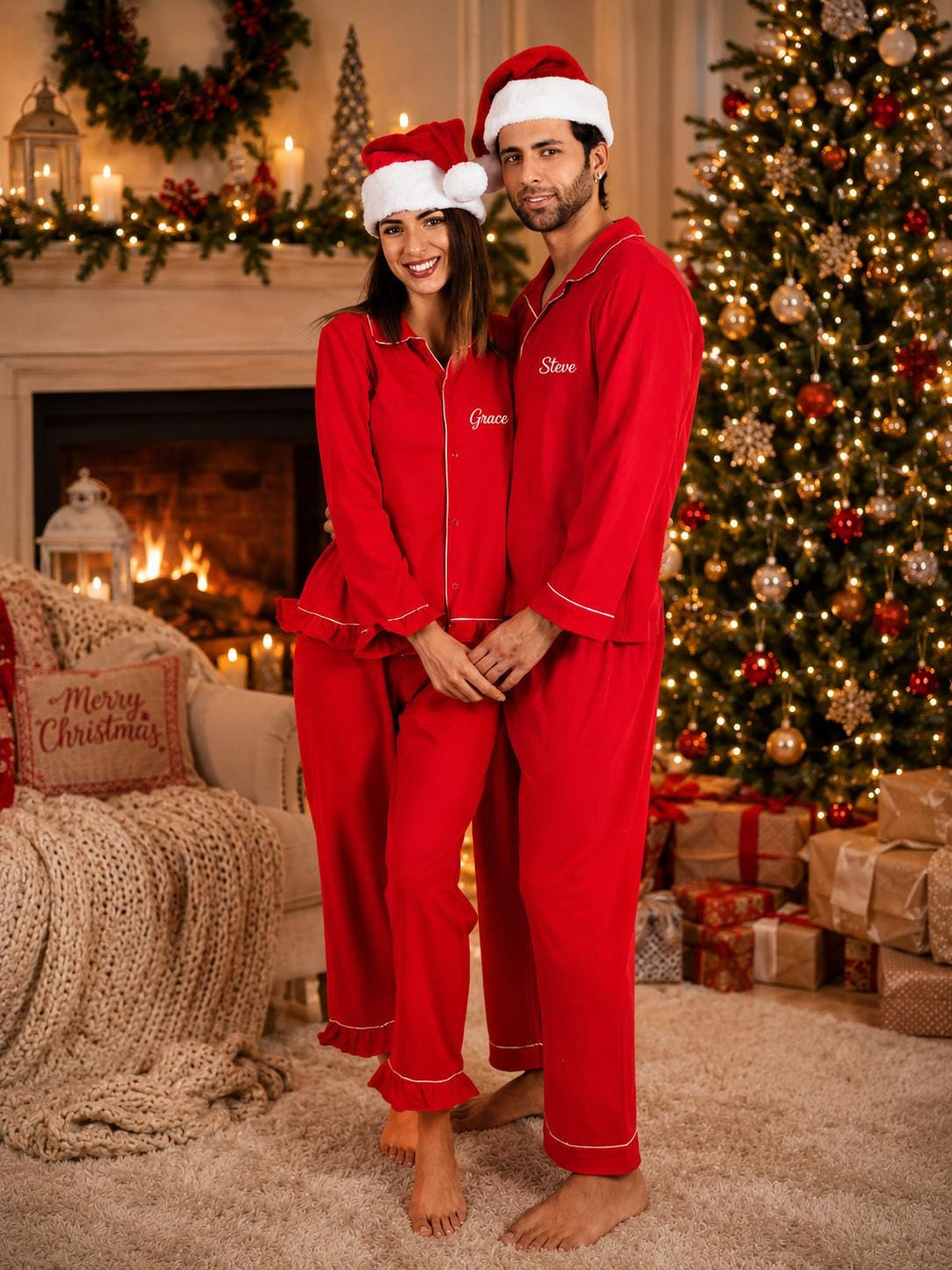 Matching Family Christmas Pajamas: Red Cotton Xmas Pyjamas - Ruffled