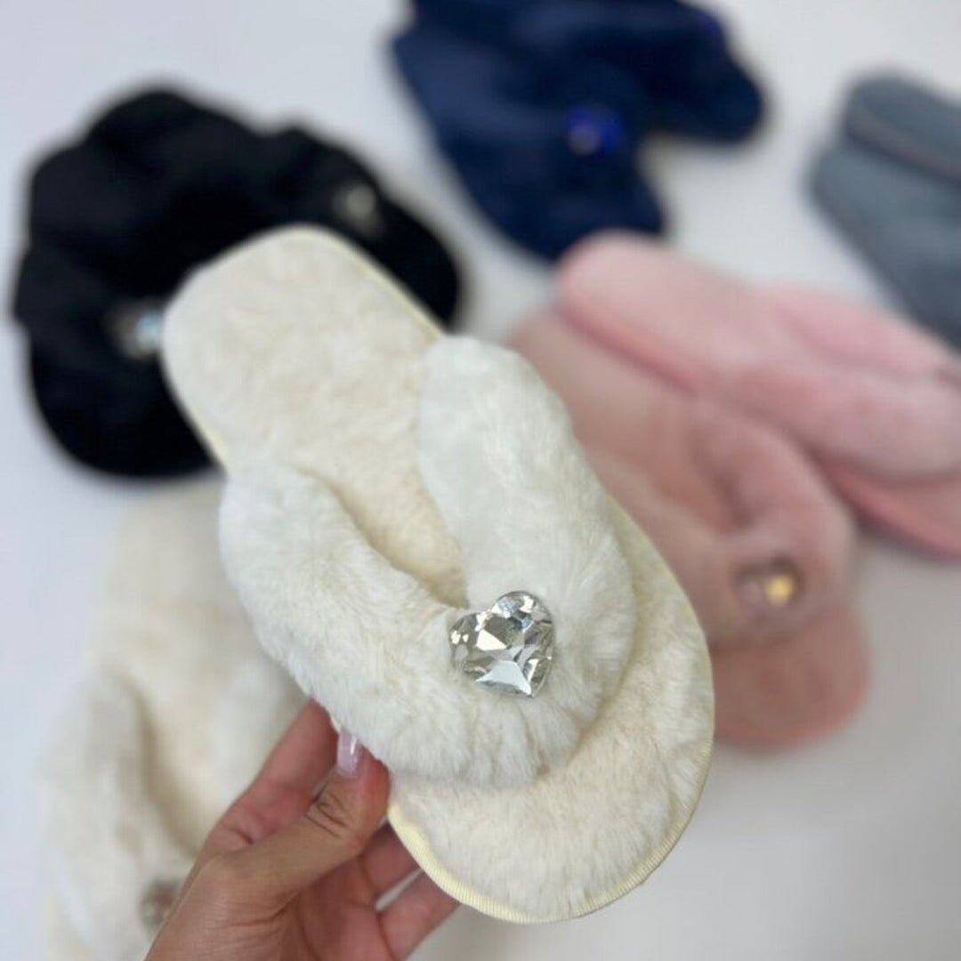 Fluffy Flip Flops with Crystal Hearts