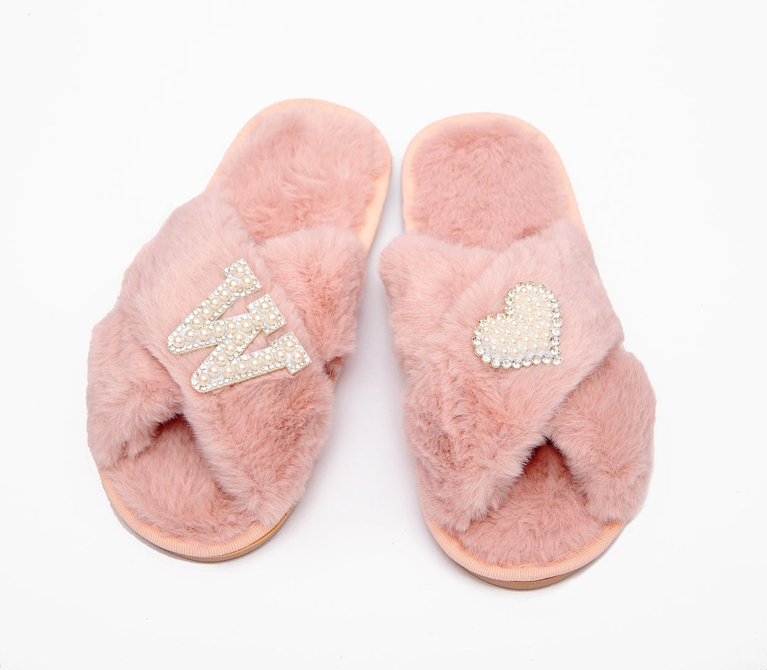 Custom Fluffy Kids Slippers with Pearls Letter