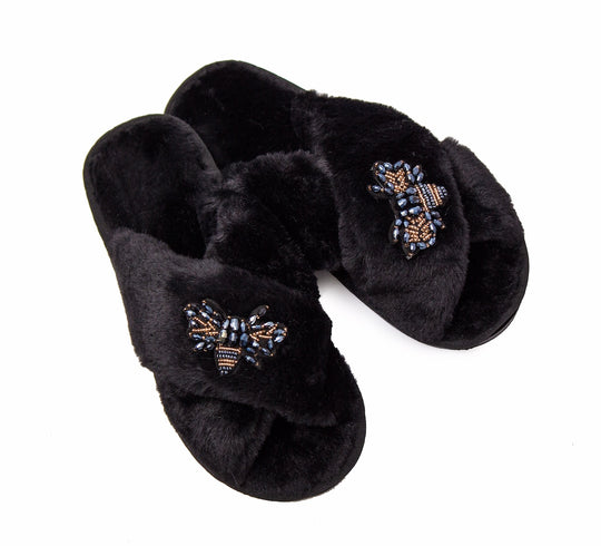 Fluffy Cross Fancy Slippers with Bee