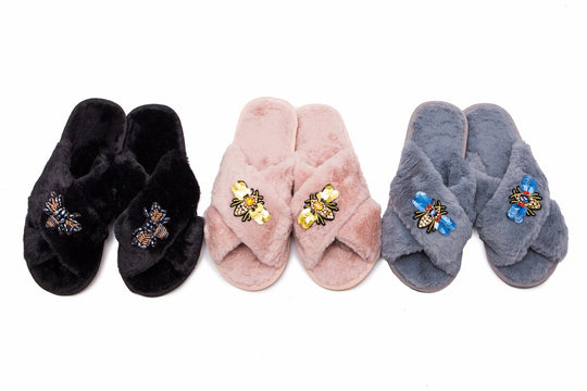 Fluffy Cross Fancy Slippers with Bee