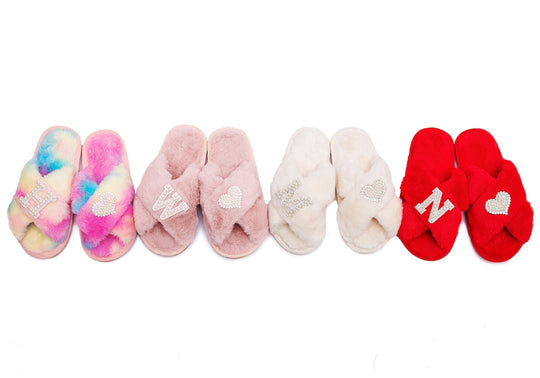 Custom Fluffy Kids Slippers with Pearls Letter