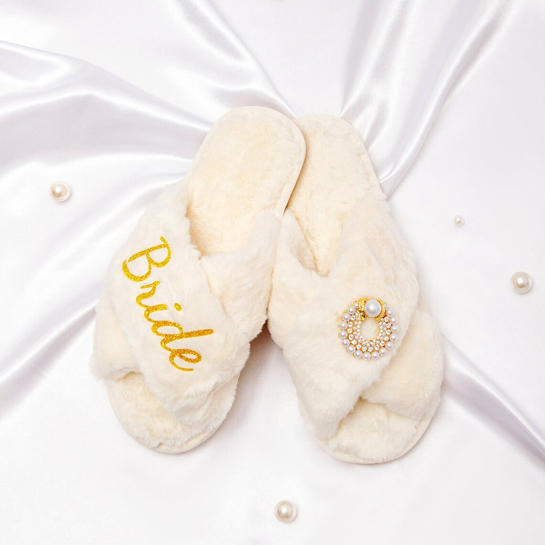 Bride Fluffy Cross Slippers with Brooch