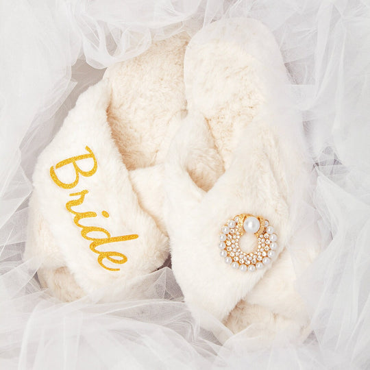 Bride Fluffy Cross Slippers with Brooch