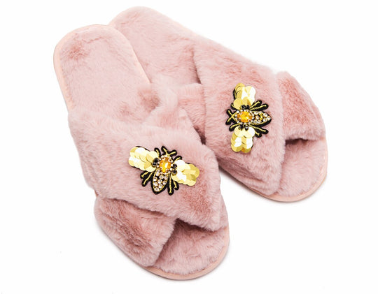 Fluffy Cross Fancy Slippers with Bee