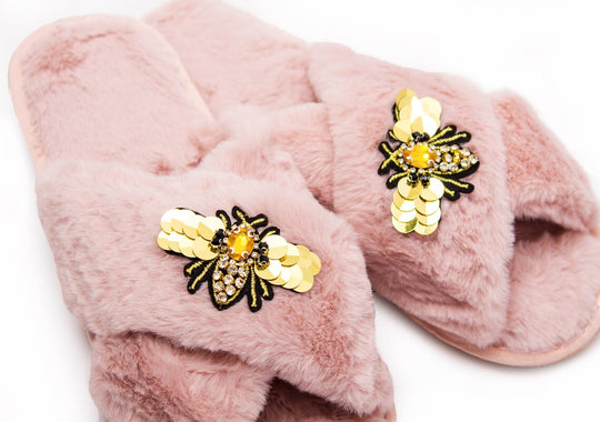 Fluffy Cross Fancy Slippers with Bee