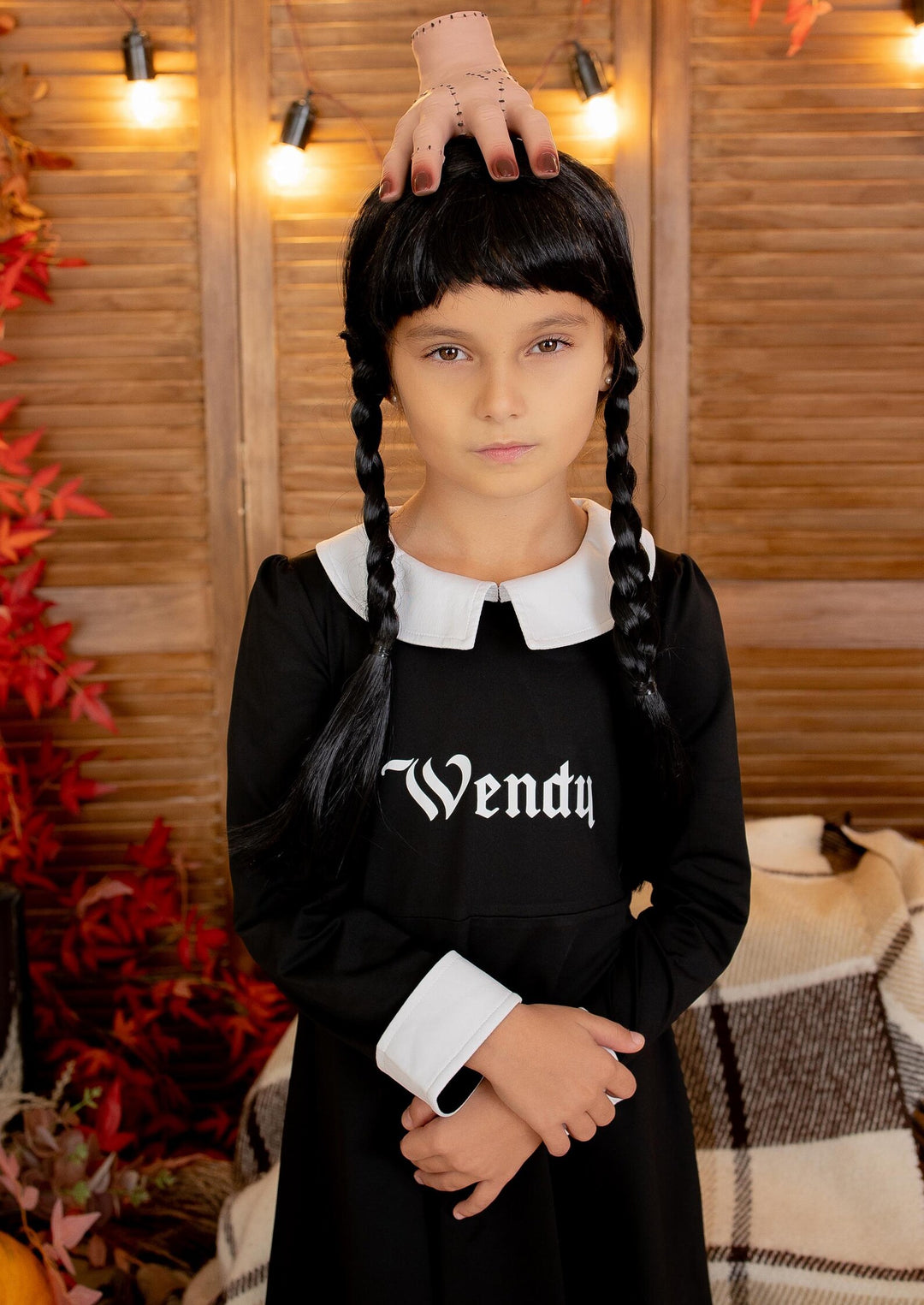 Personalized Wednesday Addams Costume for Girls, Custom Name Black Halloween Dress