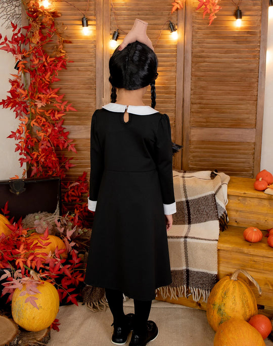 Personalized Wednesday Addams Costume for Girls, Custom Name Black Halloween Dress