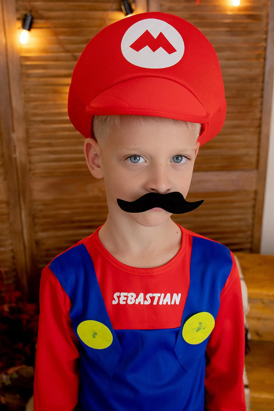 Title Personalized Kids Video Game Costume, Custom Name Halloween Jumpsuit with Hat & Mustache