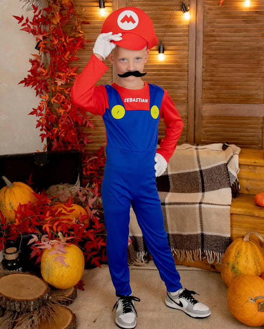 Title Personalized Kids Video Game Costume, Custom Name Halloween Jumpsuit with Hat & Mustache