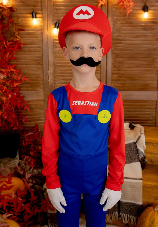 Title Personalized Kids Video Game Costume, Custom Name Halloween Jumpsuit with Hat & Mustache