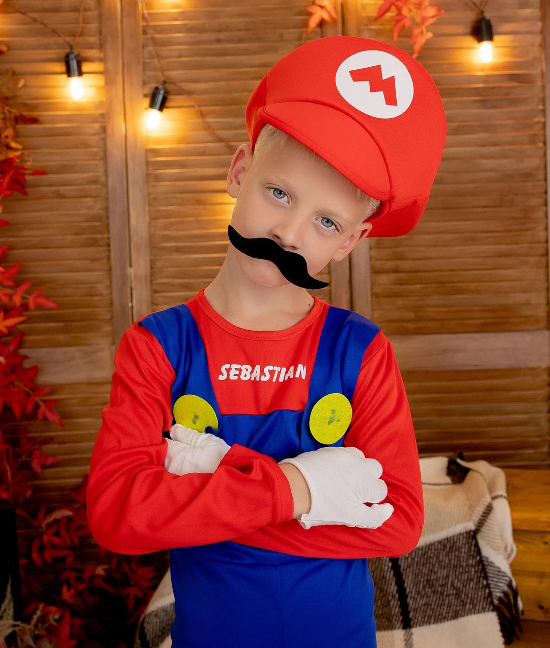 Title Personalized Kids Video Game Costume, Custom Name Halloween Jumpsuit with Hat & Mustache