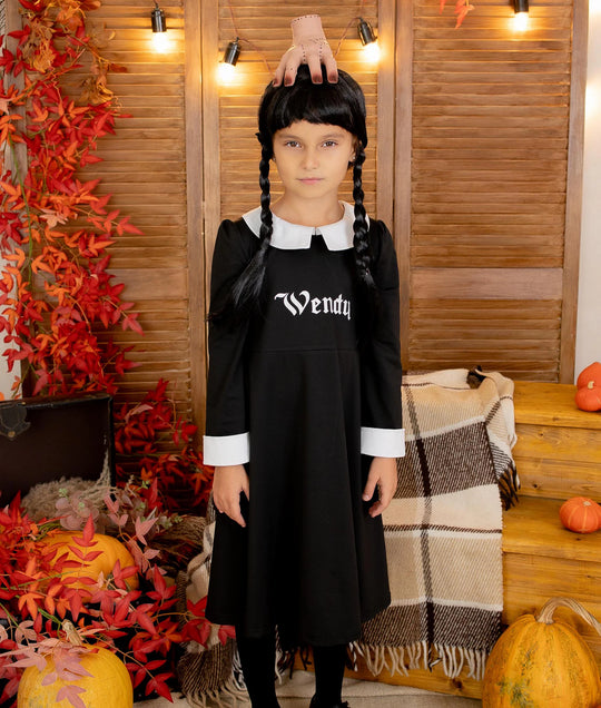 Personalized Wednesday Addams Costume for Girls, Custom Name Black Halloween Dress