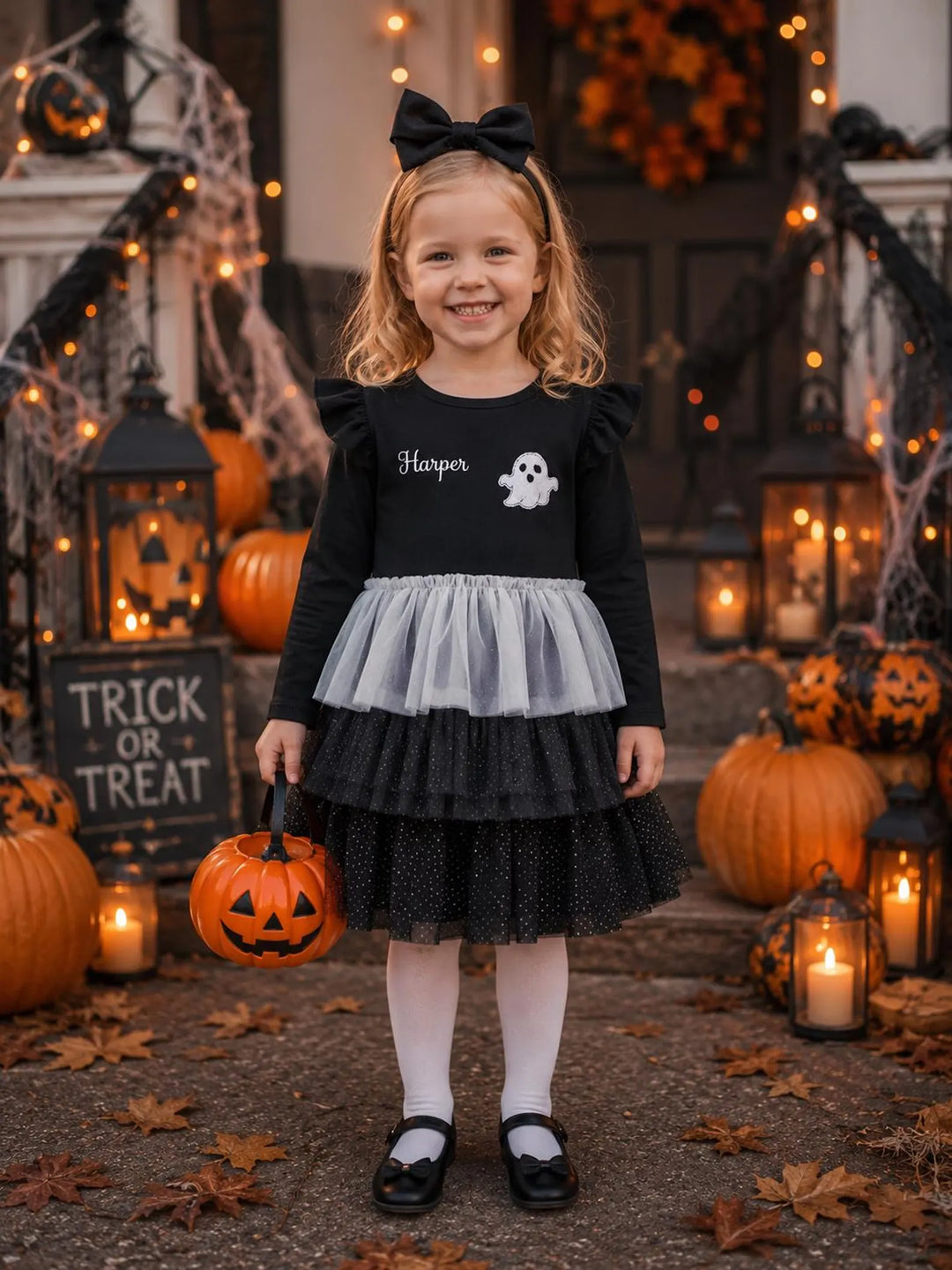 Personalized Ghost Halloween Dress for Girls, Custom Name Tutu Trick or Treat Dress
