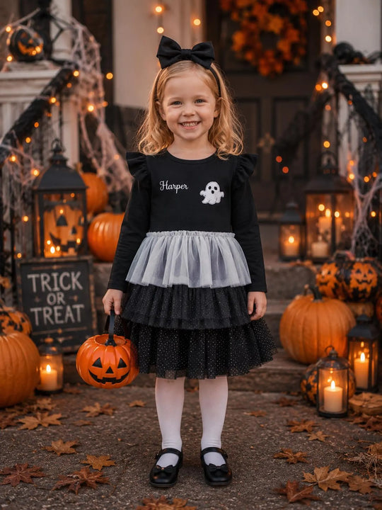 Personalized Ghost Halloween Dress for Girls, Custom Name Tutu Trick or Treat Dress