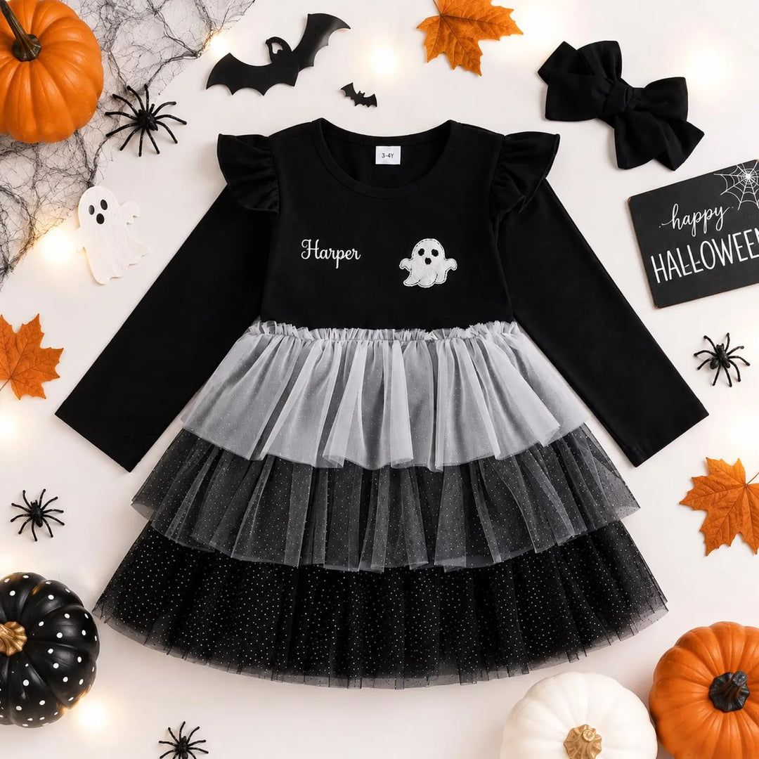 Personalized Ghost Halloween Dress for Girls, Custom Name Tutu Trick or Treat Dress