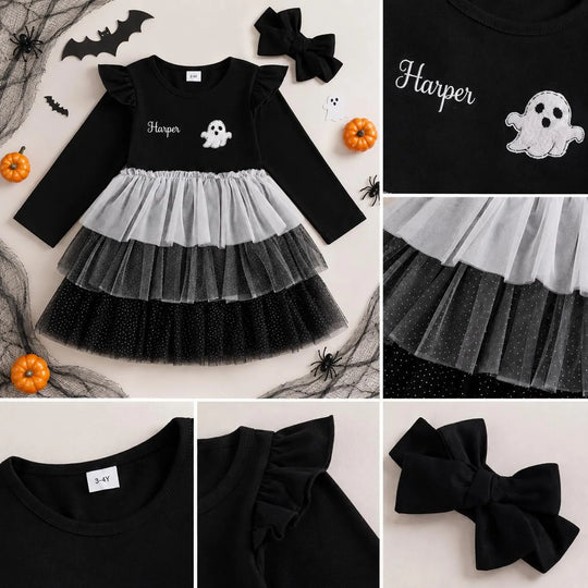 Personalized Ghost Halloween Dress for Girls, Custom Name Tutu Trick or Treat Dress