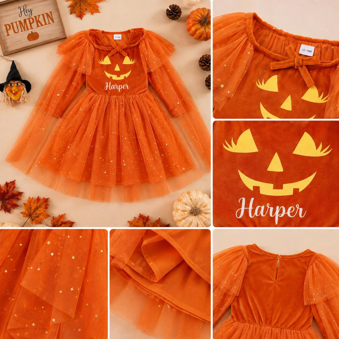 Personalized Girls Halloween Pumpkin Dress, Orange Tulle Toddler Halloween Outfit