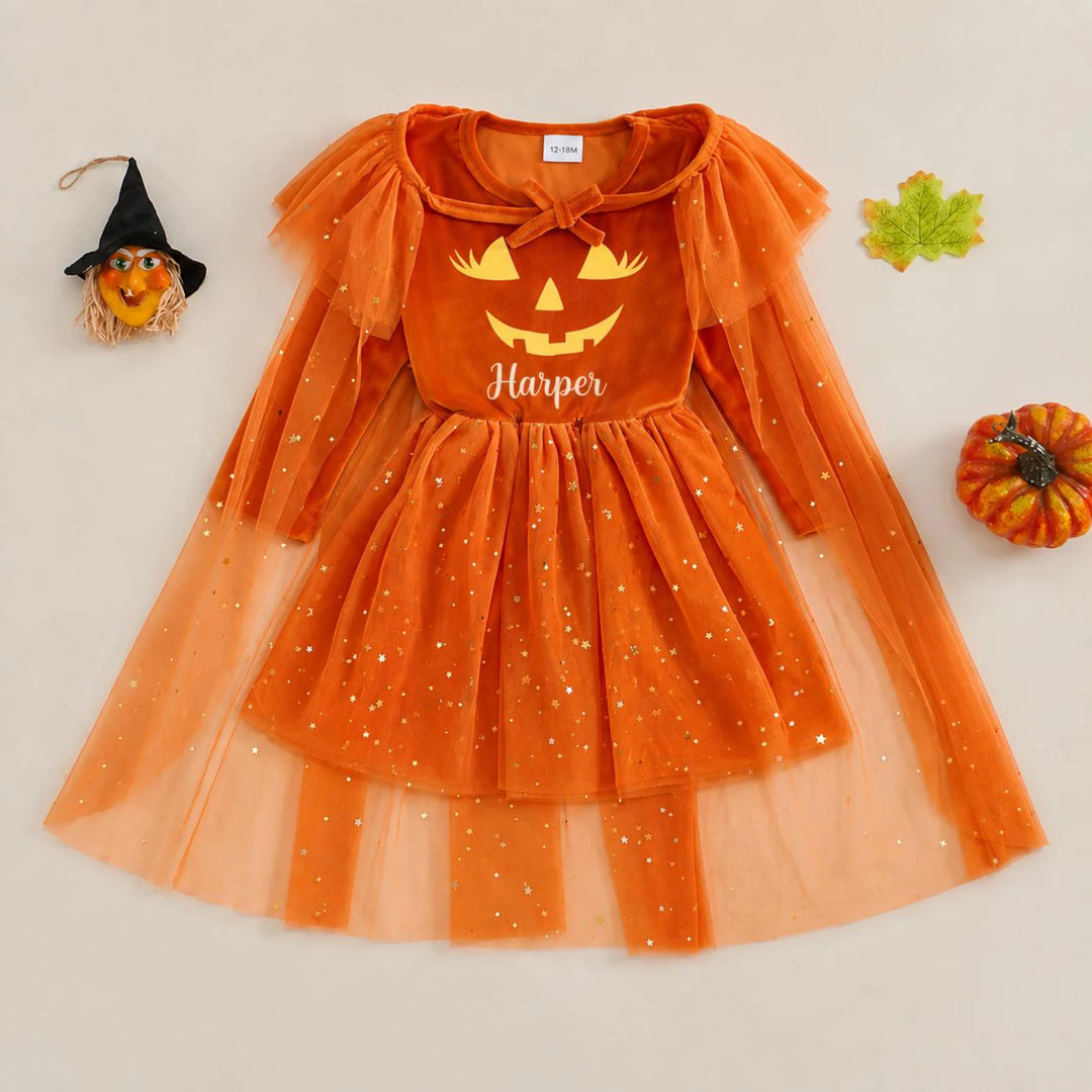 Personalized Girls Halloween Pumpkin Dress, Orange Tulle Toddler Halloween Outfit