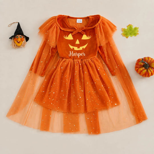Personalized Girls Halloween Pumpkin Dress, Orange Tulle Toddler Halloween Outfit