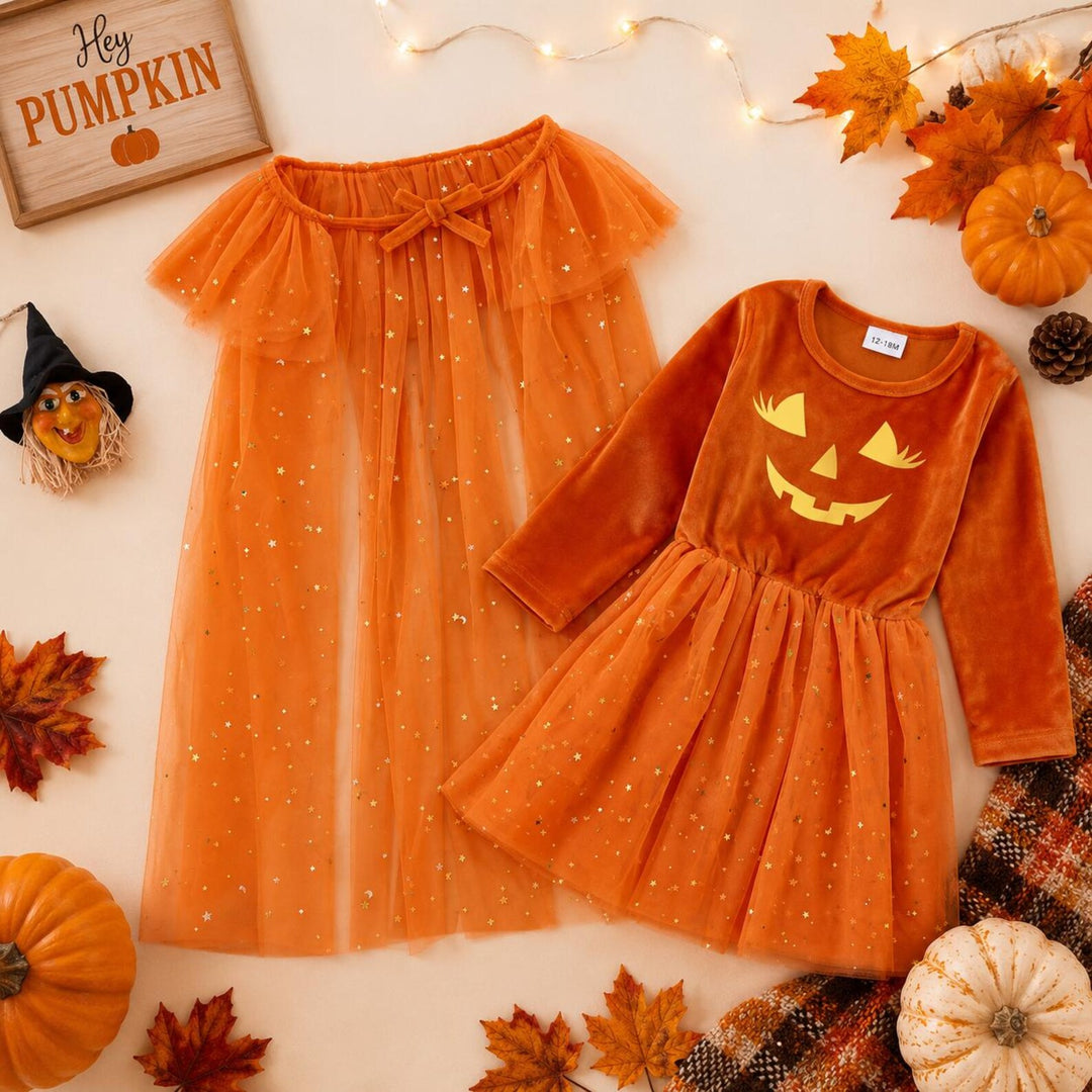 Personalized Girls Halloween Pumpkin Dress, Orange Tulle Toddler Halloween Outfit