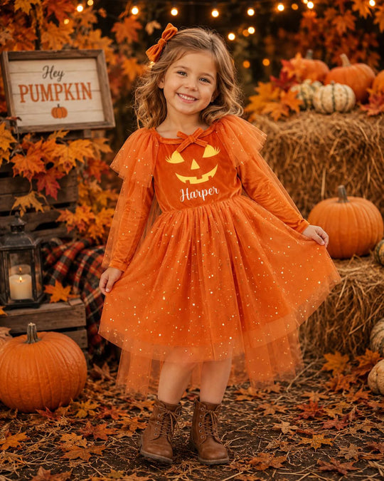 Personalized Girls Halloween Pumpkin Dress, Orange Tulle Toddler Halloween Outfit