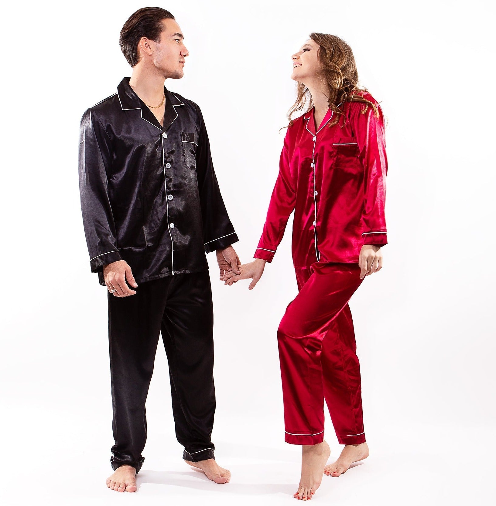 Women Men Silk Satin Pajamas Sets Long Sleeve Pyjamas Couple